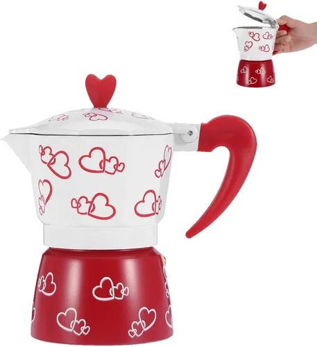 Miniatura 8 de HERCHR Red Heart - Olla de aluminio para moka, cafetera de café expreso con mango ergonómico antideslizante para verter sobre la cafetera