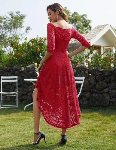 Miniatura 2 de MUADRESS Vestido de fiesta de dama de honor de encaje floral para mujer, dobladillo alto y bajo, cuello en V, vestidos formales para boda, cóctel