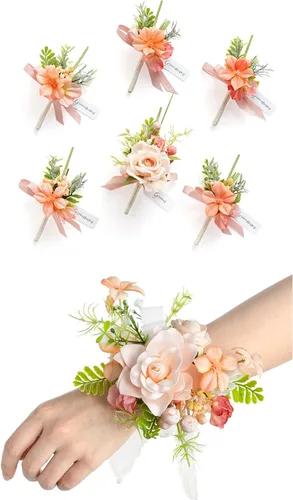 Miniatura 15 de Ling's Moment Paquetes de flores de boda prearreglados en azul polvoriento y azul marino, paquete de boutonnieres y ramilletes de muñeca