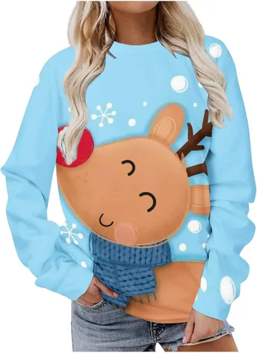 Aymnlox Ladies Long Sleeve Christmas Tops And Sweatshirts Cute Print Graphic Tee Shirts Casual Loose Crewneck Pullover 2023