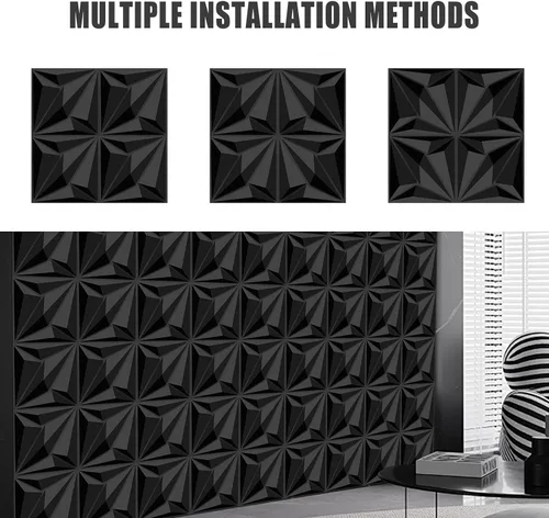 Miniatura 6 de Paneles decorativos de pared 3D, paquete de 33 azulejos texturizados de PVC de 12 x 12 pulgadas, color negro, cubre 33 pies cuadrados, arte de pared