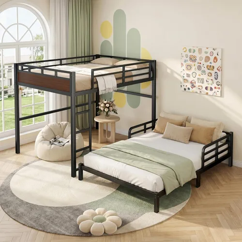 Miniatura 13 de Cama tipo loft de tamaño matrimonial con escaleras de almacenamiento integradas, armario, marco de cama alta de metal con barandilla lateral