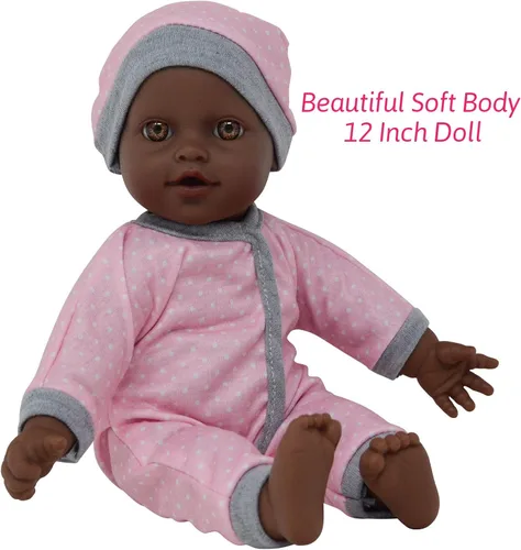 Miniatura 5 de Juego de Viaje de Muñeca Afroamericana - Mochila Portabebés de Asiento de Carro con Muñeca de Cuerpo Suave de 12 Pulgadas Incluye Biberones