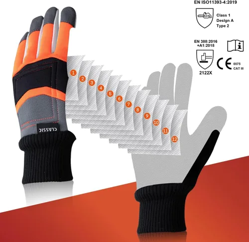 Miniatura 3 de Guantes de motosierra: cuero anticorte con protección de motosierra de 12 capas en la parte posterior de la mano izquierda, clásicos