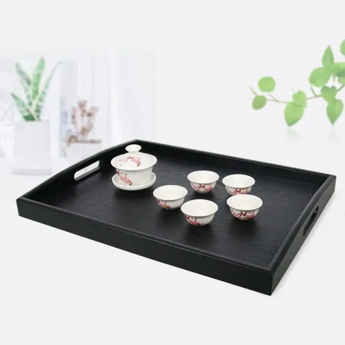 Miniatura 6 de DILLMAN Bandeja de servir grande rectangular de madera negra bandeja de comida bandeja de mayordomo bandeja de desayuno con asas (pequeña)