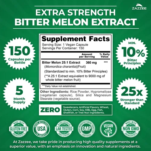 Miniatura 2 de Zazzee Extracto de melón amargo extra fuerte 25:1, 9000 mg de fuerza, principios amargos del 10%, 150 cápsulas veganas, extracto estandarizado