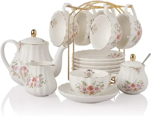 Miniatura 10 de Sweejar Juegos de Té de Porcelana Serie British Royal, Tazas y Platillos de 8 OZ para Servicio de 6, con Tetera Azucarero Jarra de Crema Cucharitas