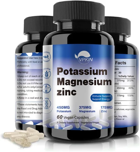 Suplemento de potasio y magnesio de 1000 mg, magnesio y potasio y zinc para calambres en las piernas, complejo de magnesio de alta absorción, vegano