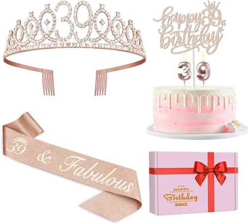 Miniatura 40 de Decoraciones de cumpleaños número 13 para niñas, incluyendo corona/tiara de cumpleaños 13, banda oficial para adolescentes y decoración de pastel