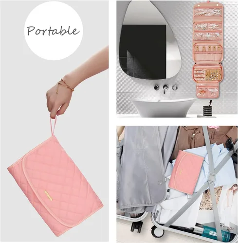 Miniatura 7 de Rollo organizador de joyas de viaje con bolsillos con cremallera, bolsa grande para colgar, para anillos, aretes, collares, pulseras, broches, bolsa