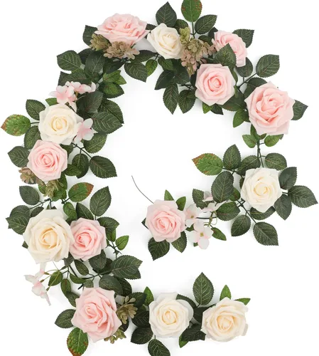 Senseya Guirnalda de flores de rosas artificiales de 5 pies, vid floral falsa rosa rubor con hojas de rosa, guirnalda de flores rústicas para telón