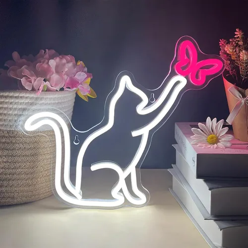 Miniatura 2 de Señales de neón de gato, señal de neón LED de gato y mariposa para decoración de pared, lindas luces de neón de gato, señal de luz de neón de arte