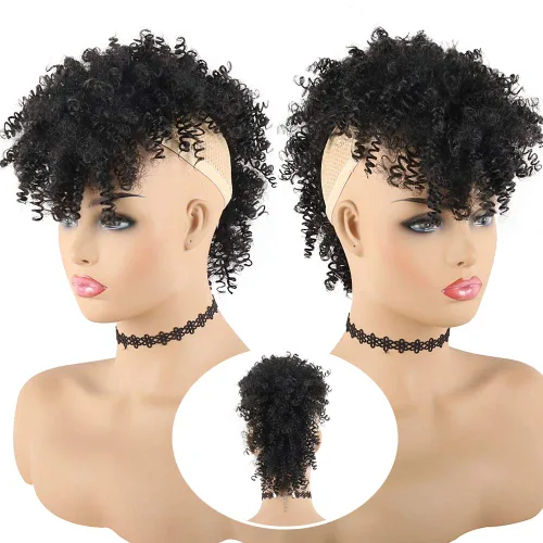 Miniatura 2 de KRSI Cola de caballo de pelo alto afro con flequillo, moño sintético rizado Mohawk Kinkys rizado cola de caballo con clip en colas de caballo