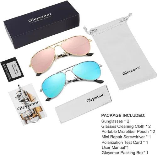 Miniatura 134 de Gleyemor Lentes de sol polarizados estilo aviador para niños y niñas, jóvenes, adolescentes, dos tamaños de 1.969 in y 2.047 in