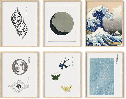 Miniatura 15 de HAUS AND HUES Arte abstracto para pared, juego de 6 arte moderno japonés para pared, decoración de pared estética, póster de mariposa y luna, obra