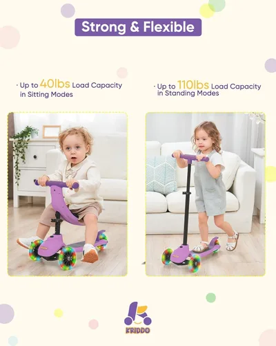 Miniatura 7 de KRIDDO - Patinete 3 en 1 para niños de 1 a 5 años, patinete plegable con 3 ruedas iluminadas, tabla ancha, altura ajustable, manillar para aprender