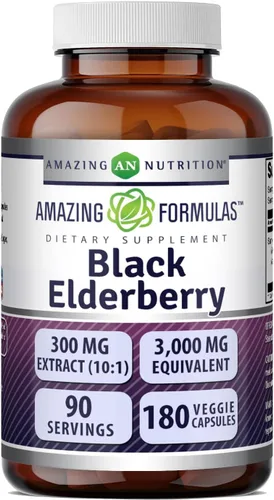 Amazing Formulas Sambucus Black Elderberry 300 mg | Extracto estandarizado 10:1 | 180 cápsulas vegetales | Suplemento equivalente a 3000 mg | Sin
