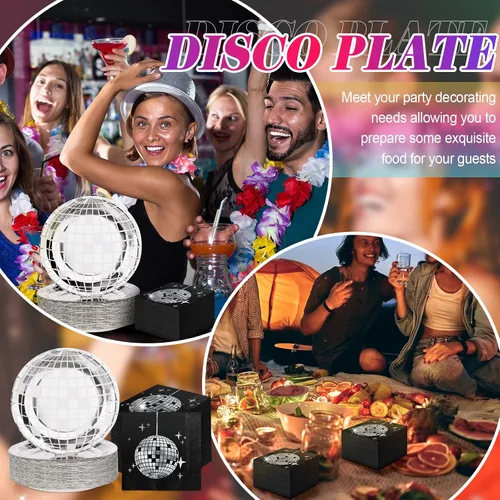 Miniatura 7 de Funtery 200 platos de discoteca y servilletas de los años 70 y 80, incluye platos de papel de bola de discoteca y servilletas para 100 invitados