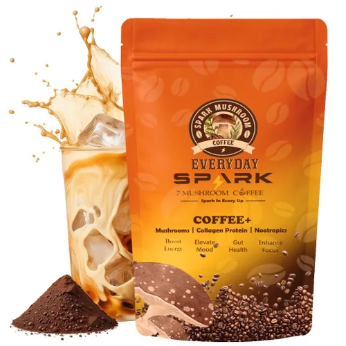 Spark - Café instantáneo orgánico de hongos USDA – 30 porciones y 7.4 onzas – 7 hongos adaptogénicos – Café instantáneo para concentración,
