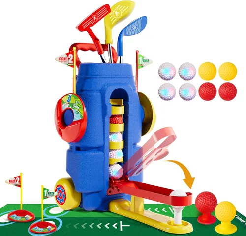 Juego de palos de golf retráctiles para niños y niñas de 3, 4, 5, 6, con tabla de Cornhole y tapete de puting, juguete deportivo para interiores y