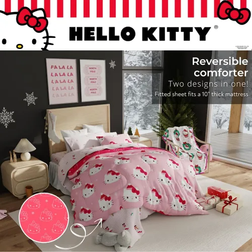 Miniatura 6 de Franco Hello Kitty Sanrio Juego de edredón y sábanas para Navidad y festividades suaves con funda, 5 piezas, tamaño individual (producto oficial)