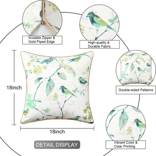 Miniatura 3 de VOGOL Juego de 2 fundas de almohada, 18 x 18 pulgadas, patrón de pájaros verdes, estampado de flores y pájaros verdes, fundas de cojín para cama