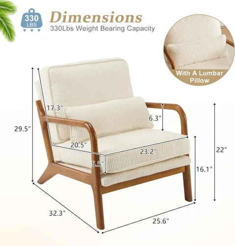 Miniatura 2 de VINGLI Juego Mejorado de 2 Sillones de Acento de Pana Premium, Sillón Tapizado con Brazos, Silla de Lectura Cómoda de Madera Maciza con Almohada