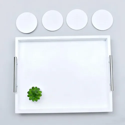 Miniatura 6 de Bandeja para servir de 16.5 x 13 pulgadas, bandeja otomana de madera de lujo, mesa auxiliar con asas de metal plateado pulido, 4 posavasos redondos