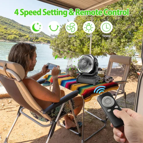 Miniatura 3 de AddAcc Ventilador de camping recargable de 20000mAh - Ventilador operado por batería con luz y control remoto, oscilación automática, temporizador