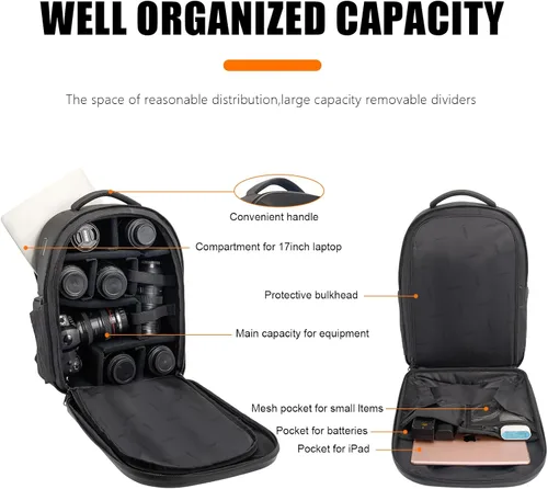 Miniatura 2 de Cwatcun Mochila rígida para cámara, bolsa de cámara profesional para fotografía, compartimento para laptop de 15.6 pulgadas, soporte para trípode
