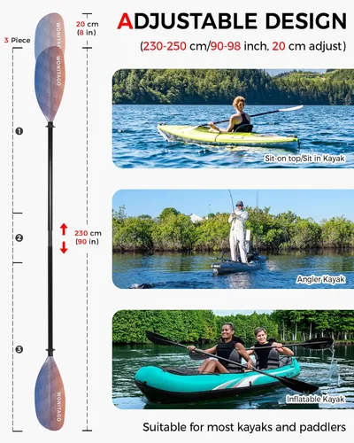 Miniatura 2 de Remo de kayak con eje de fibra de vidrio y hoja de nailon reforzado, remos de kayak ajustables, 3 piezas, 90.6-98.4 in/90-98 pulgadas, 82.7-90.6