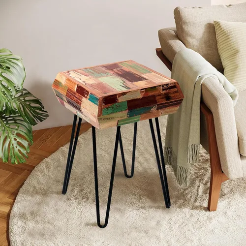 Mesa auxiliar cuadrada multicolor de madera de 14 x 14 x 20 pulgadas de alto, mesa auxiliar de madera recuperada, mesa auxiliar vintage hecha a