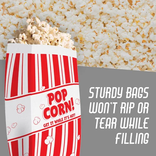 Miniatura 8 de Bolsas de palomitas de maíz Retro, resistentes a la grasa, paquete de 25. Fundas de papel de 1 onza de una sola porción en nostálgico rojo/blanco
