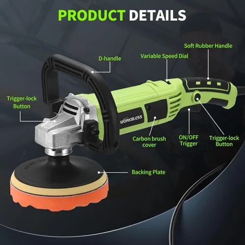 Miniatura 7 de Pulidora de búfer, 1600 W, 6 pulgadas/7 pulgadas, cera pulidora rotativa para automóvil, 7 velocidades variables 1600-3500 RPM, pulidora y pulidora