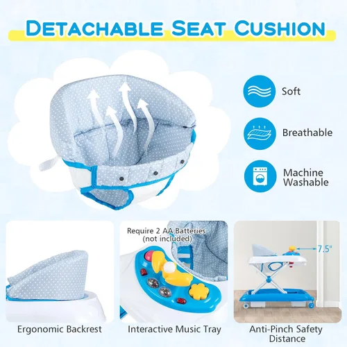 Miniatura 4 de BABY JOY Andador de bebé, caminador de actividad plegable 4 en 1 con altura ajustable, música, luces, caminador de empuje antivuelco para niños