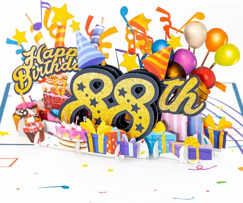 Miniatura 12 de iGifts And Cards Tarjeta desplegable 3D de feliz cumpleaños 87 – Diseño azul con números de purpurina, globos, pasteles y regalos – Tarjeta