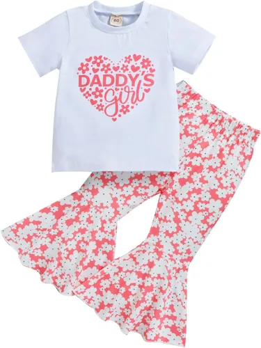 Toddler Girls Valentine's Day Short Sleeve Letter T Shirt Pullover Tops Bell Bottoms Pants Kids Infant Girl