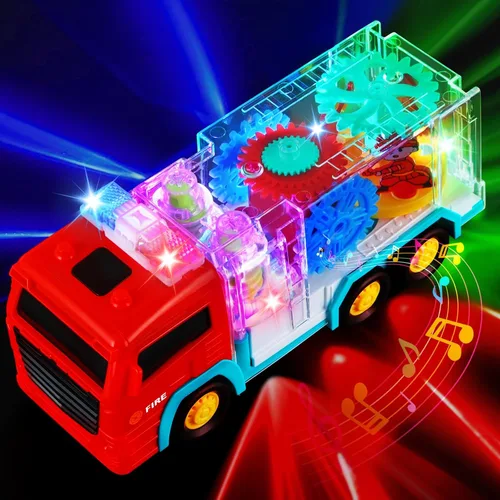 Camiones de Bomberos para Niños de 3 a 5 años, Vehículo Sensorial Iluminado para Niños, Vehículo Transparente LED con Engranaje Rotatorio, Vehículo