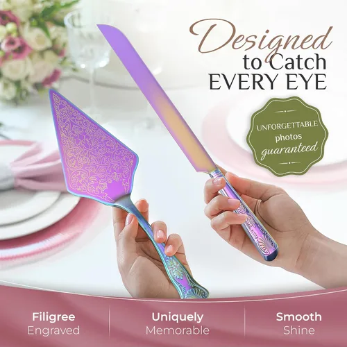Miniatura 2 de Orblue Juego de cuchillo y servidor para pastel de boda, juego de corte de alta calidad, bellamente grabado, elegante recuerdo para recién casados