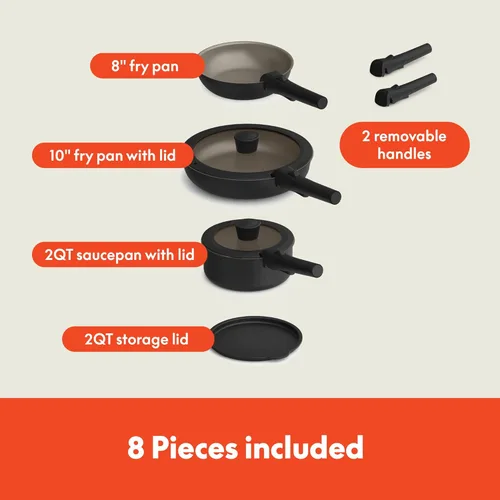 Miniatura 5 de BELLA - Juego de 8 piezas de ollas y sartenes con mangos extraíbles, cocina Fits-anywhere™ con recubrimiento antiadherente EverGood™ de cerámica
