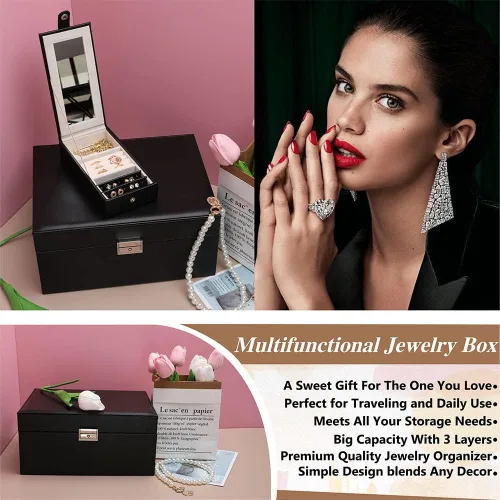 Miniatura 2 de KUDASUY Caja organizadora de joyas para mujer, niña, novia, esposa, caja de almacenamiento de joyas de gran capacidad para collar, aretes, pulseras