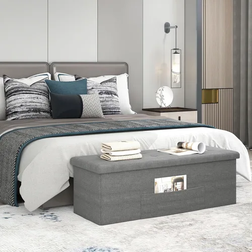 Miniatura 4 de Giantex Banco otomano de almacenamiento, 43 pulgadas de largo, plegable, con bolsillo lateral, divisor, banco de zapatos acolchado para sala de Gris