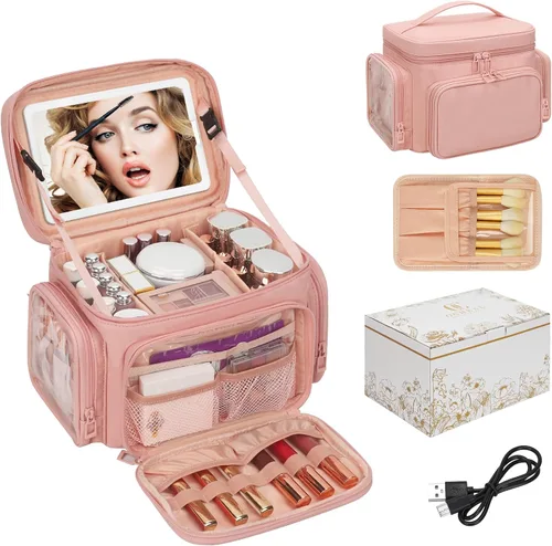 Miniatura 20 de Bagmoly Bolsa de maquillaje grande, organizador portátil de maquillaje para mujeres y niñas con compartimento para brochas de maquillaje y dos