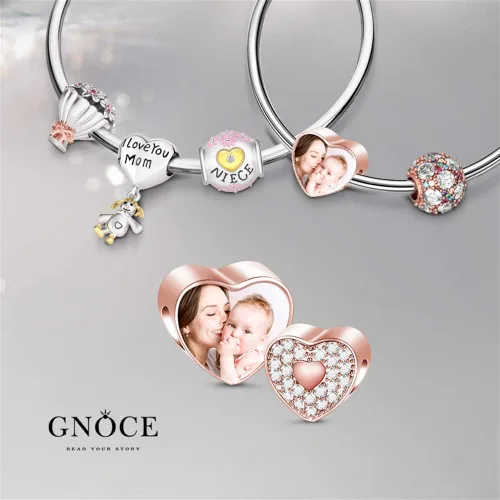 Miniatura 5 de GNOCE Custom Photo Charms Bead Heart Shaped Sterling Silver Personalized Charm With Cz fit Bracelet Necklace For Women Family Memorial Girls