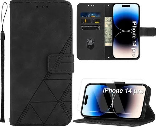 Funda tipo cartera para iPhone 14 Pro, con protector de pantalla, cierre magnético, función atril integrado, funda de piel sintética con correa para