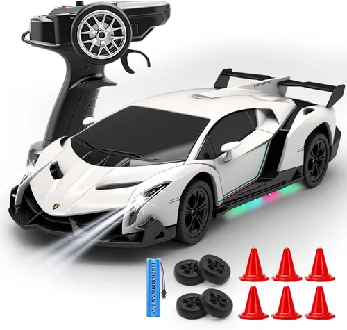QUN XING Coche de control remoto 1:24 oficialmente licenciado Lambo veneno RC Drift Car con luces LED 2.4GHz 4WD 15KM/H de alta velocidad, batería