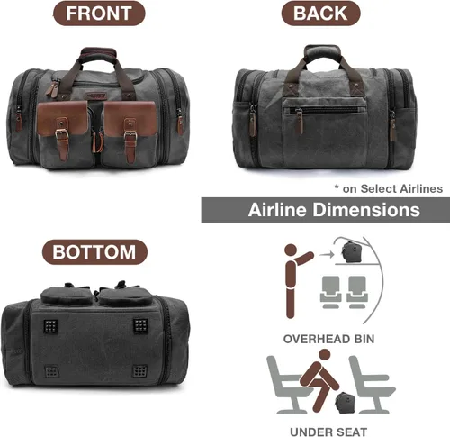 Miniatura 4 de Wildroad Bolsa de lona de viaje de 50 litros, bolsa de lona expandible de cuero genuino mejorada para el fin de semana durante la noche, Negro