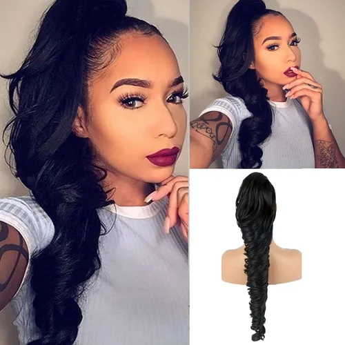 Miniatura 6 de KRSI Extensión de cola de caballo larga y ondulada con cordón, 28 pulgadas, 1B#, para mujeres, clip de cabello negro, cabello sintético, extensión