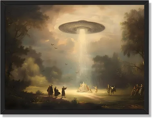 Lienzo vintage de paisaje OVNI caprichoso, decoración de pared de granja, pintura retro victoriana, naturaleza, póster estético rústico, 8 x 10 Ufo