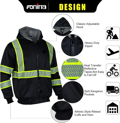 Miniatura 2 de FONIRRA - Sudadera masculina con capucha de alta visibilidad, con forro polar, seguridad ANSI clase 3, chaqueta de trabajo de parte inferior negra